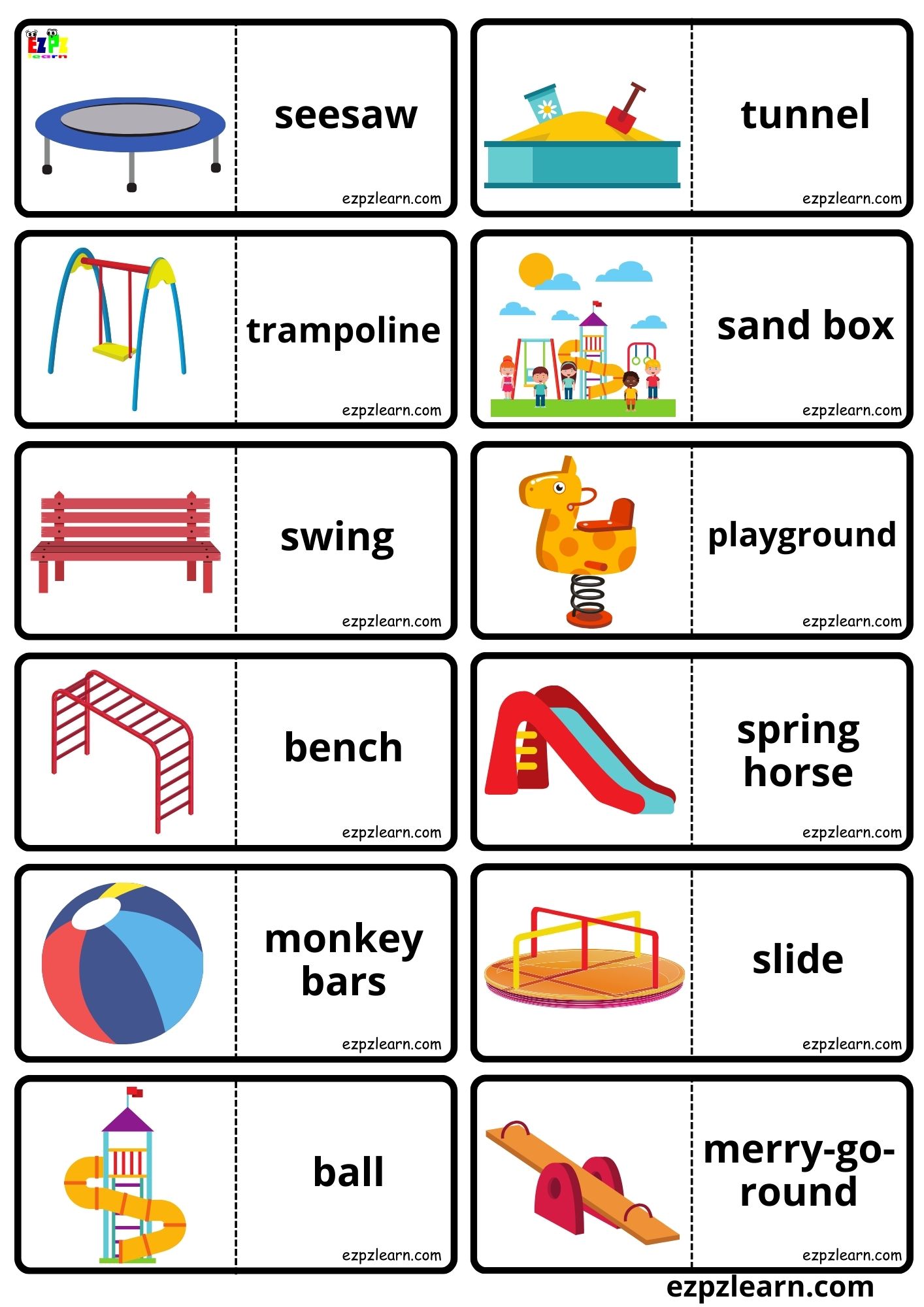 Playground Vocabulary Dominoes Matching Game for Kids and English Language Learners Free PDF Download 